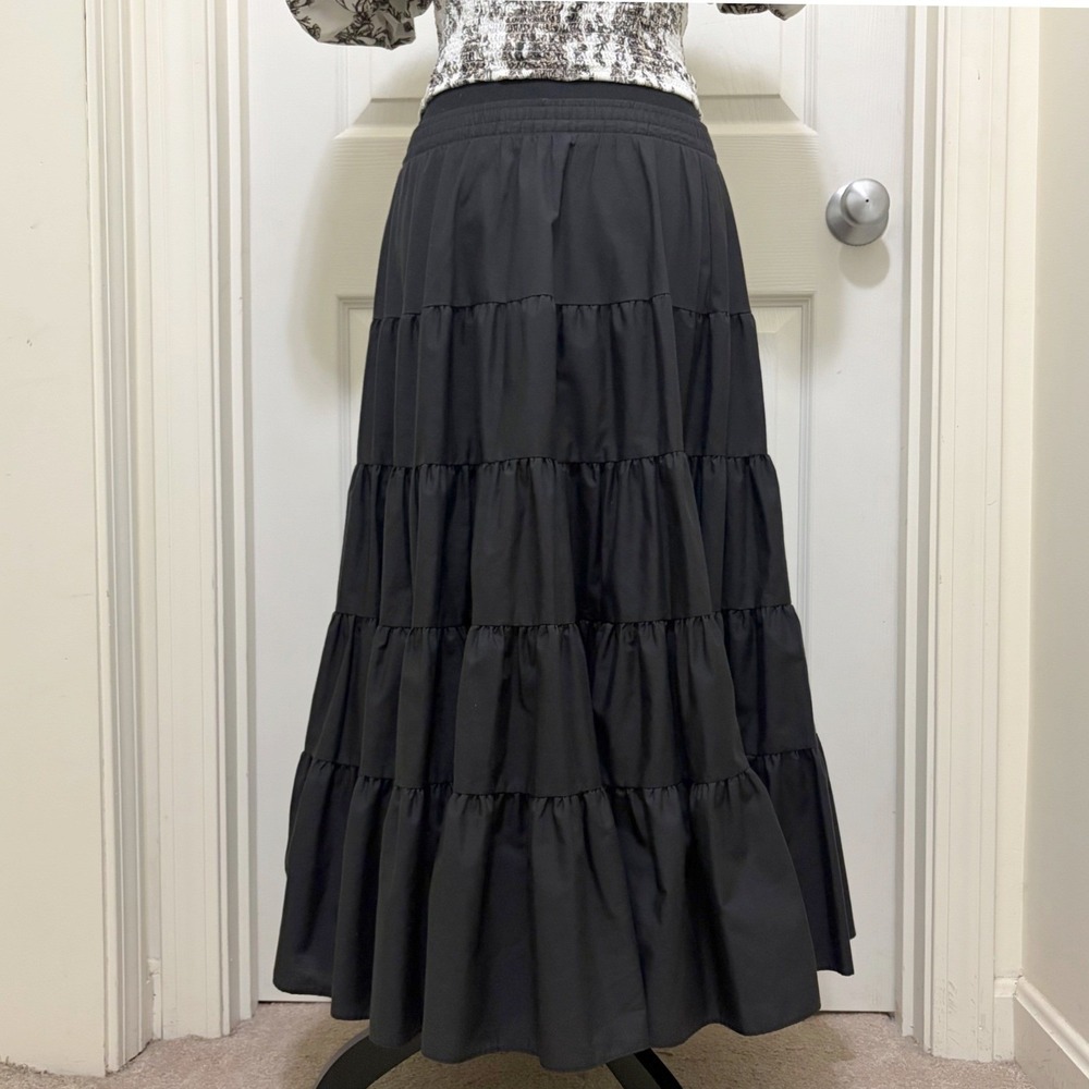 Vintage Malco Modes Black Tiered Midi Skirt Small USA Made Prairie Rockabilly - Picture 5 of 11